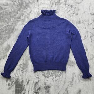 Vintage 60s Sweater Womens S Blue Fuzzy Knit‎ Ruffled High Neck Pullover Preppy